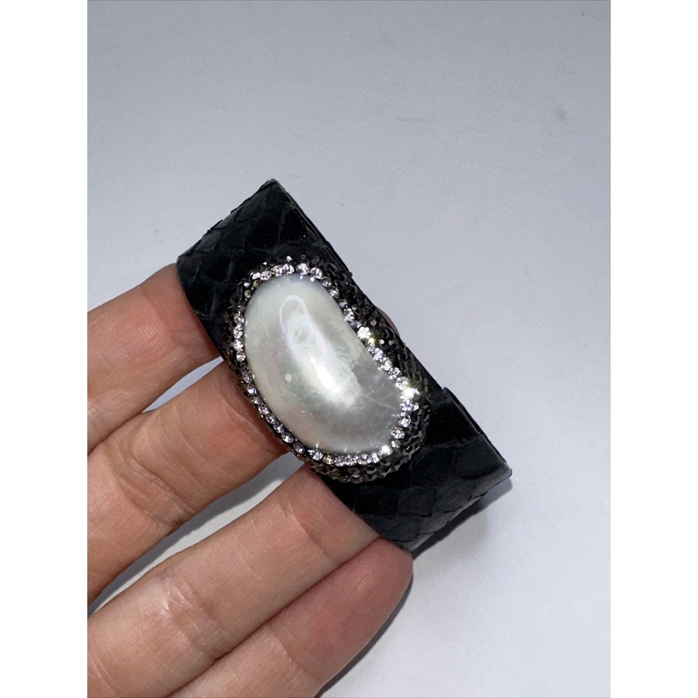 Cuff Bracelet Pearl Shell Black Snakeskin Glitter Stones Halo Handmade - Picture 3 of 11